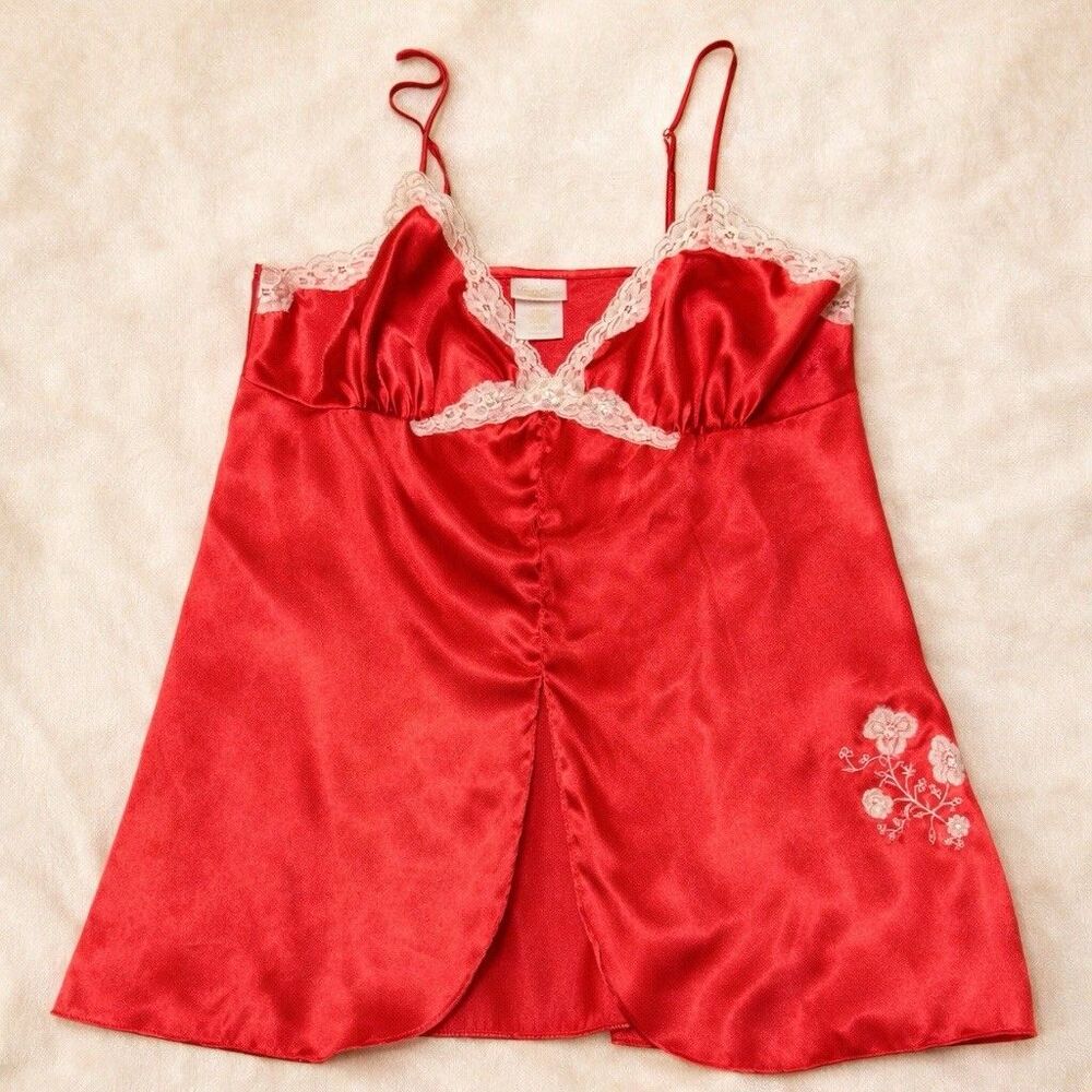 Secret Treasures Red Satin Chemise Nightgown Lace Trim Floral Slip G 12/14